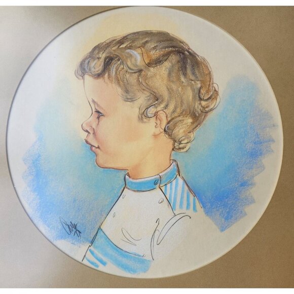 Vintage Mid Century Child Portrait, Original Oil Pastel Drawing, Framed 17" x 17 - Picture 3 of 5